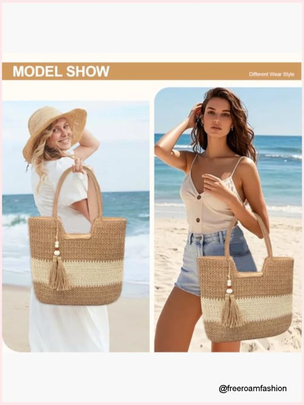 Straw Tote Bag with Zipper Large Capacity Shoulder Handbag for Beach Travel - Picture 2 of 7